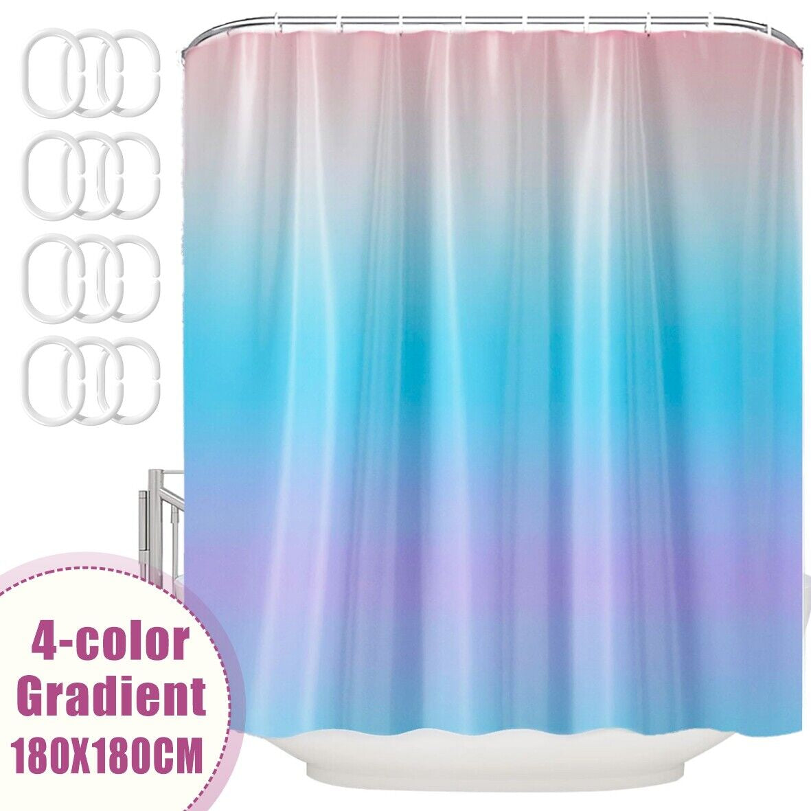 Waterproof Polyester Fabric Bathroom Shower Curtain with Ring Hooks 180 X 180 Cm