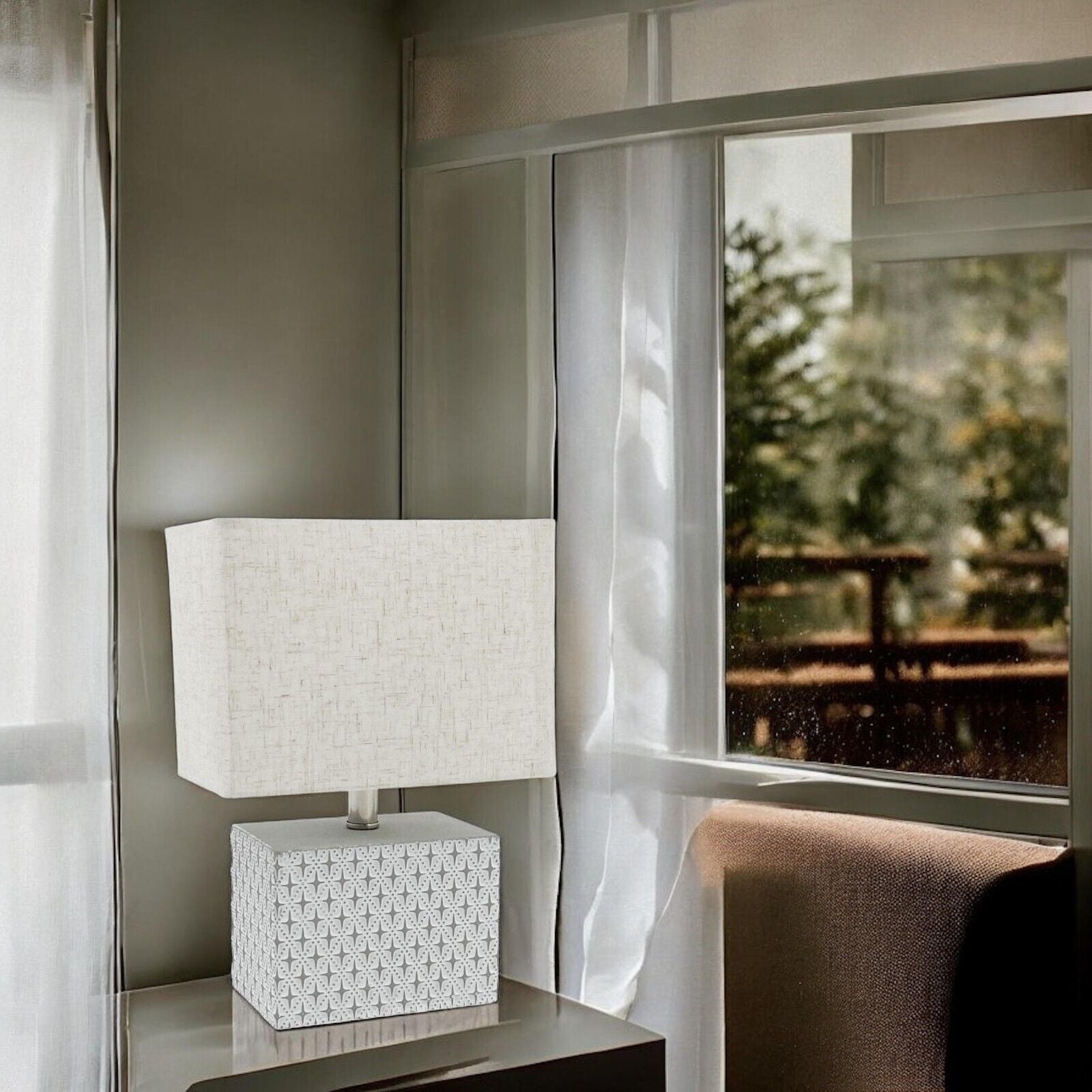 Stylish Cream Cement Table Lamp with Fabric Shade – Compact Lighting for Bedroom