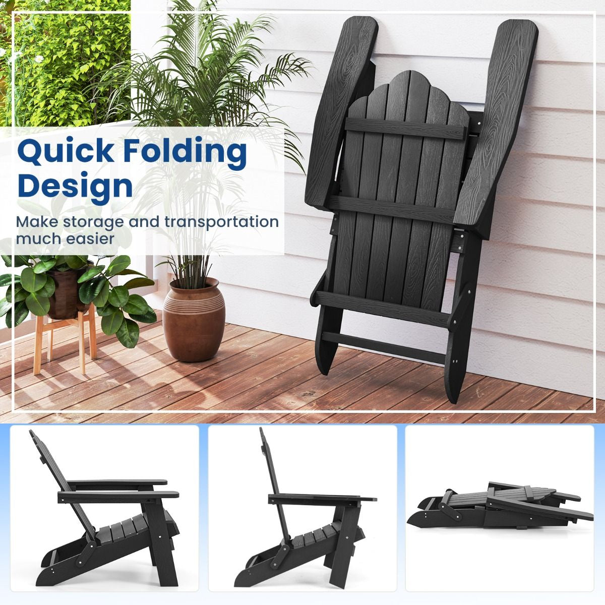 Folding Adirondack Chair with Wide Armrests and Inclined Backrest