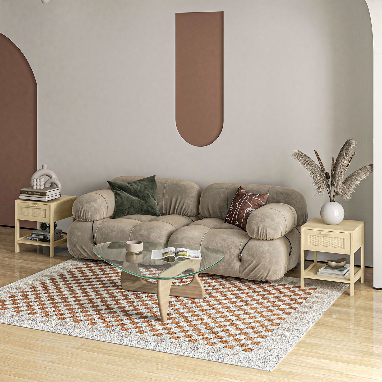 Bedside Table Nightstand W/ Rattan Drawer Storage Shelf Bedroom Living Room