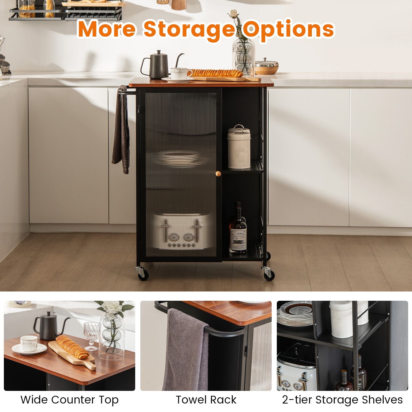 Mobile Serving Cart with Transparent Single Door Cabinet