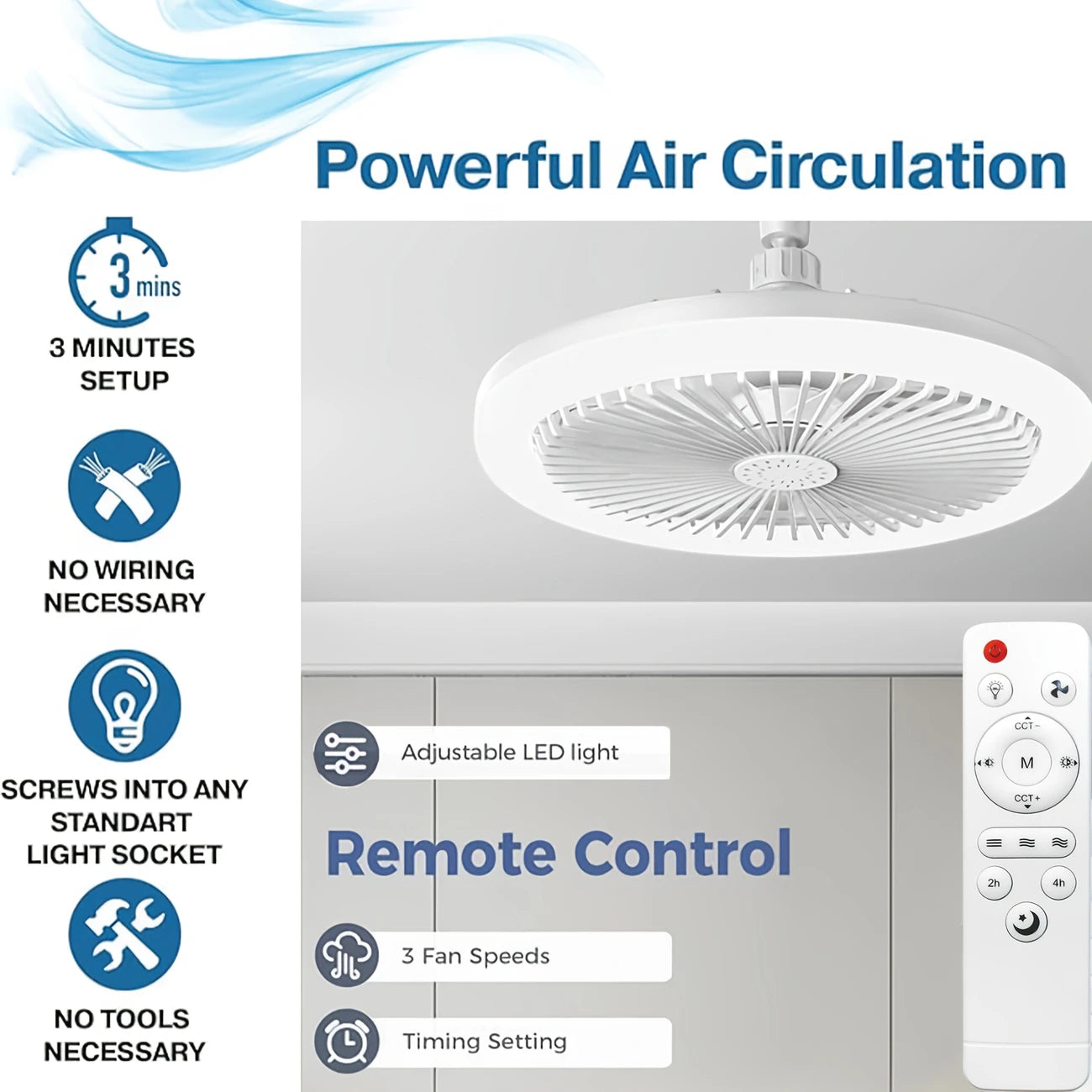 10-Inch E26/E27 Fan Light with Remote, 17 Modes, Dimmable, 3 Speeds & Colors