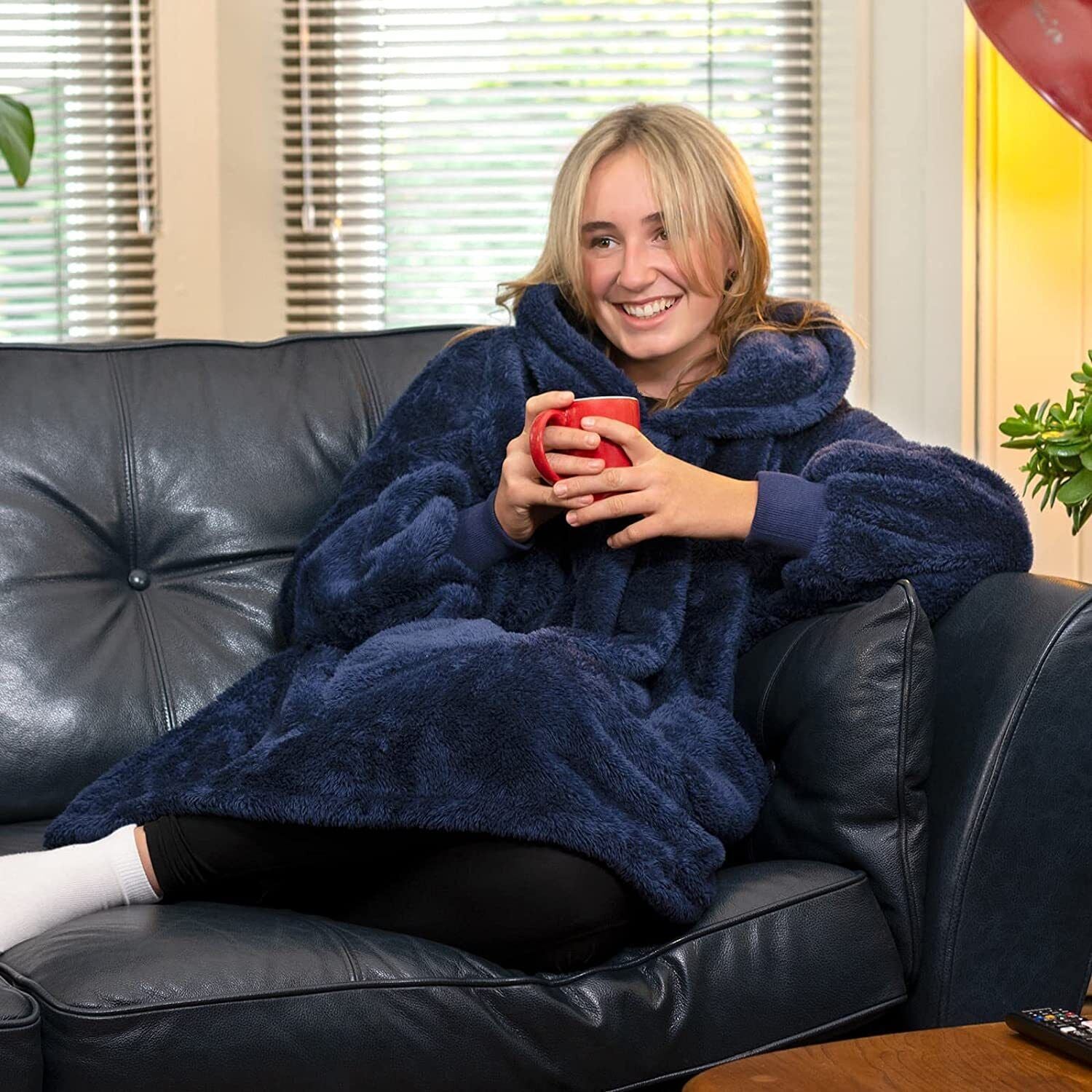 Snugrug Oversized Long Hooded Adult Sherpa Big Fleece Blanket Hoodie Sweatshirt