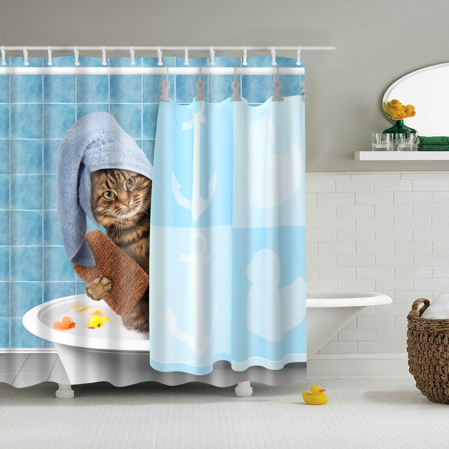 Funny Animals Shower Curtain Cute Cartoon 3D Shower Curtain Funny Cats 12 Hook