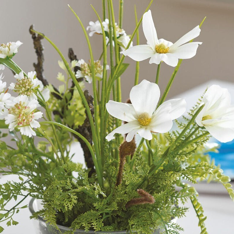 Bloom Artificial Faux White Cosmo Flower & Green Fern Arrangement in Glass Vase