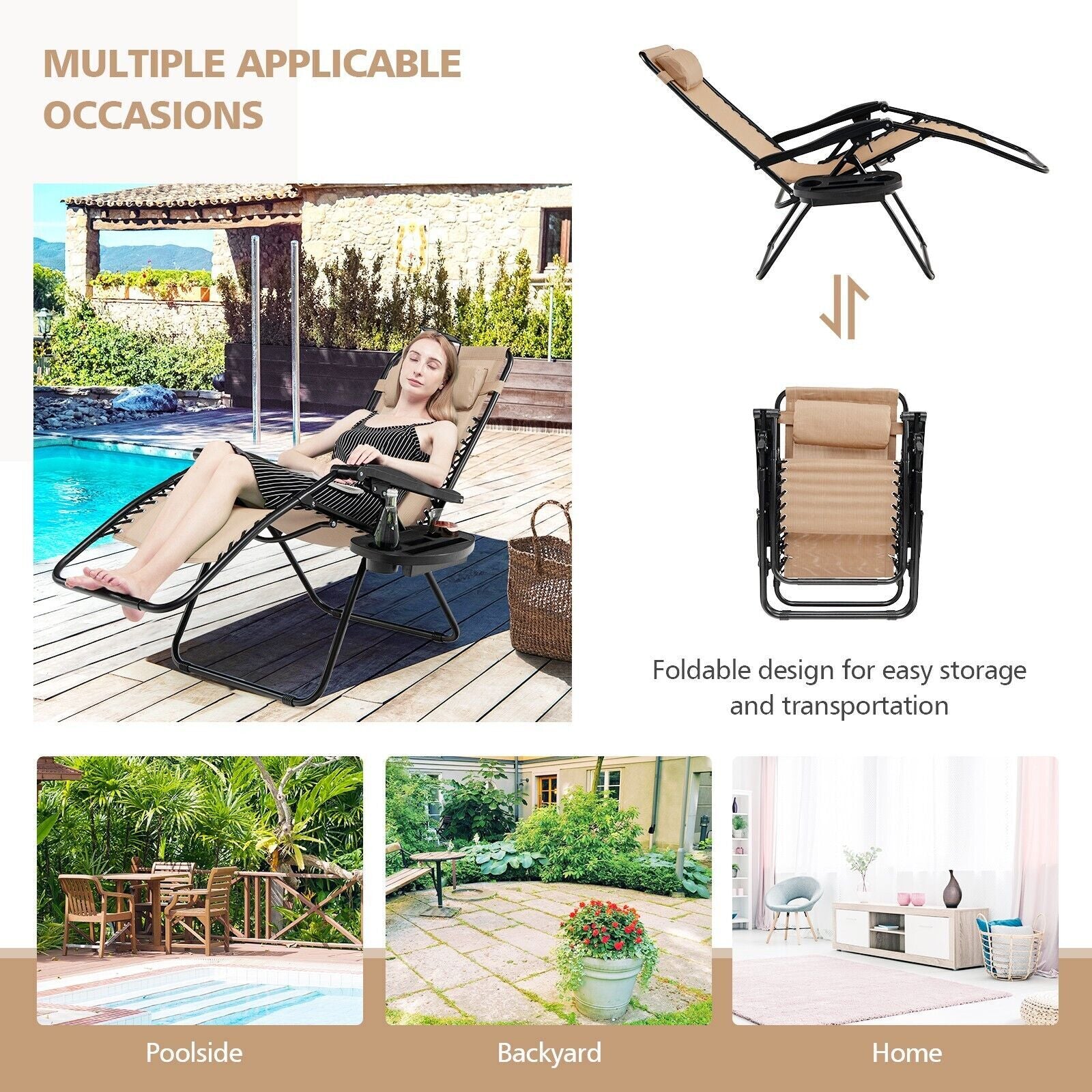 Folding Zero Gravity Chairs Outdoor Patio Recliners with Removable Headrests