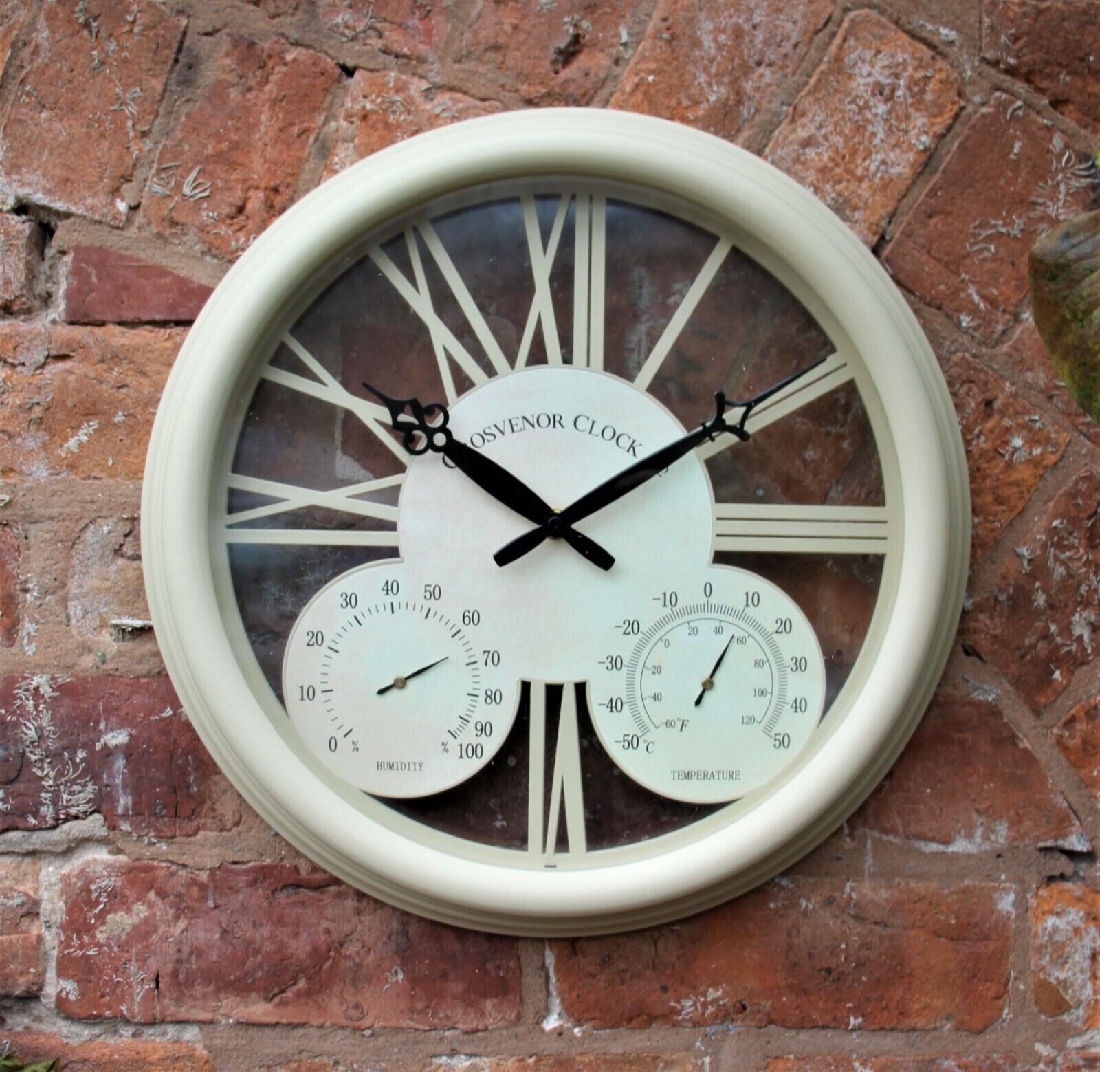 Outdoor Garden Station Wall Clock Thermometer & Humidity 38Cm Cream