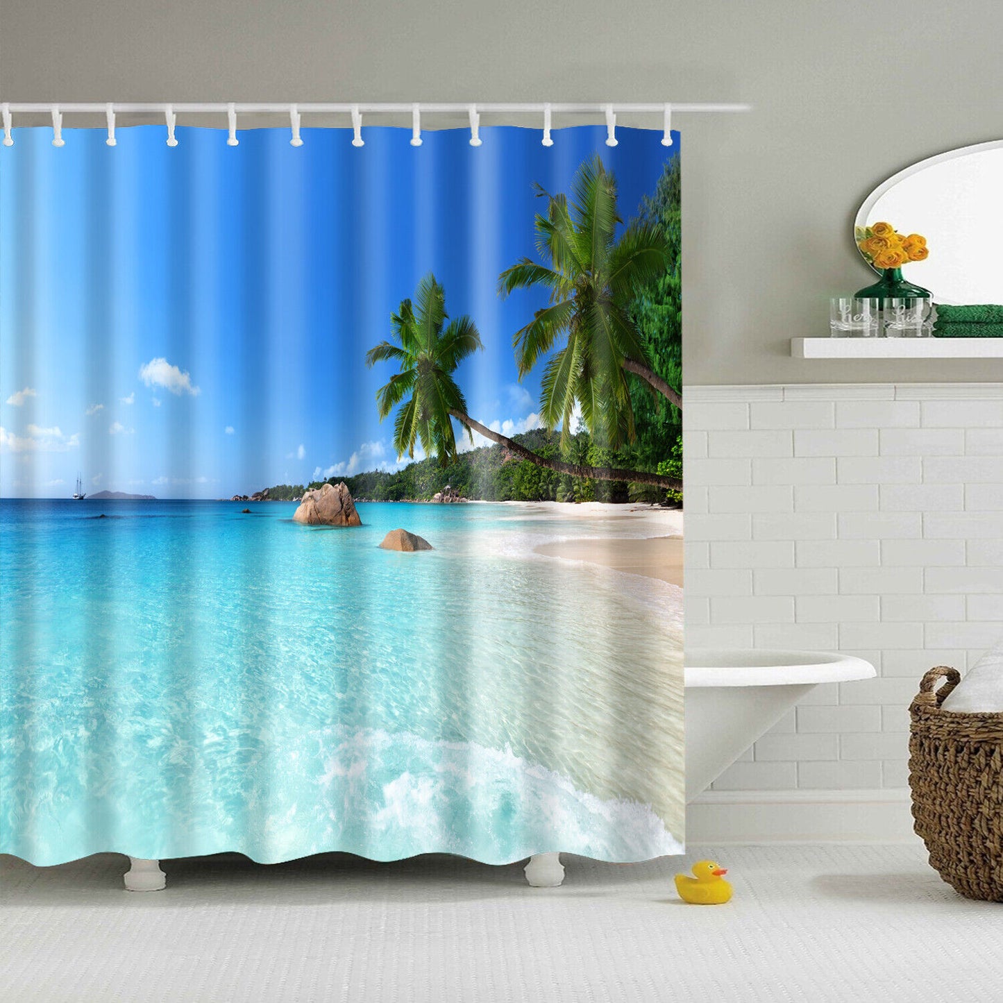 Beach Starfish Ocean Print Shower Curtain Toilet Bathroom Waterproof 12 Hooks