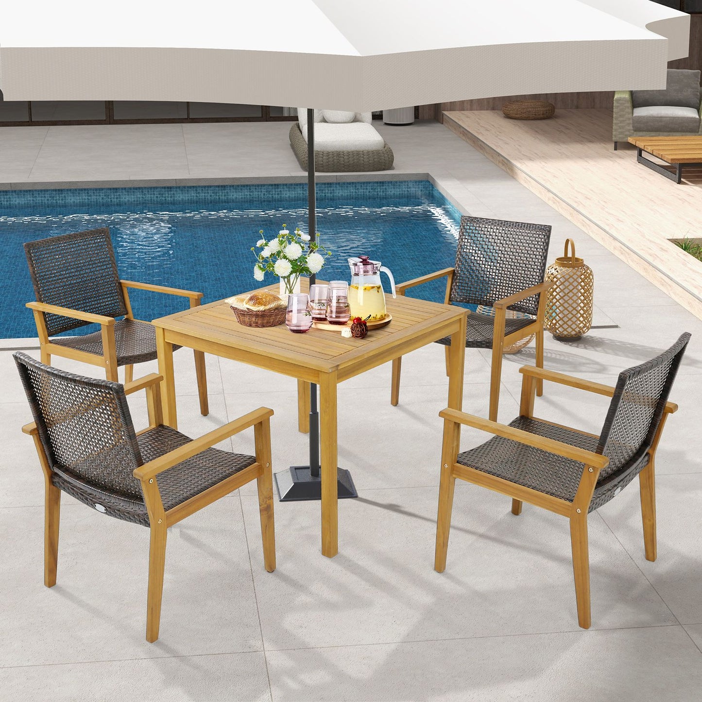 Outdoor Acacia Wood and PE Wicker Chairs with Armrests