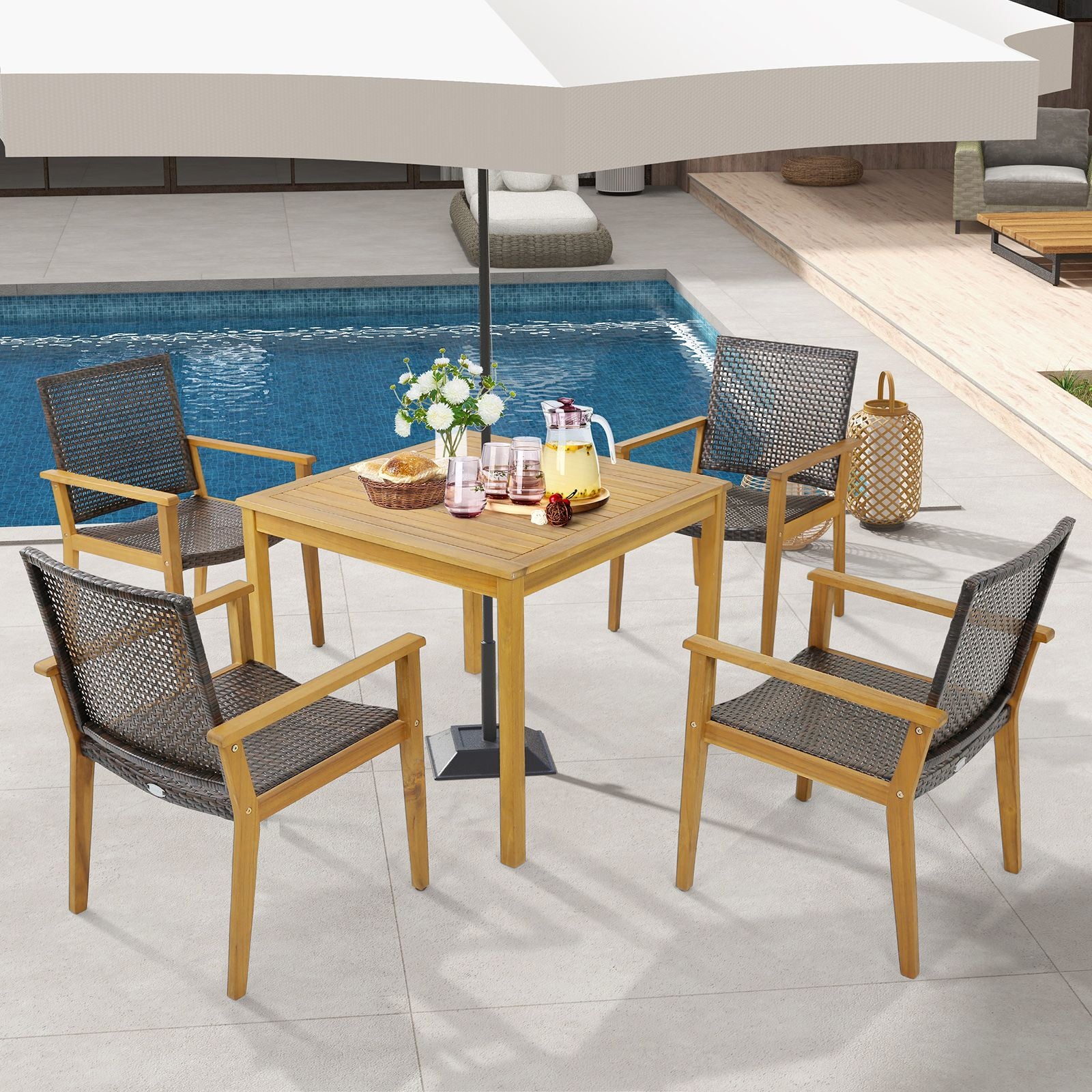 Outdoor Acacia Wood and PE Wicker Chairs with Armrests