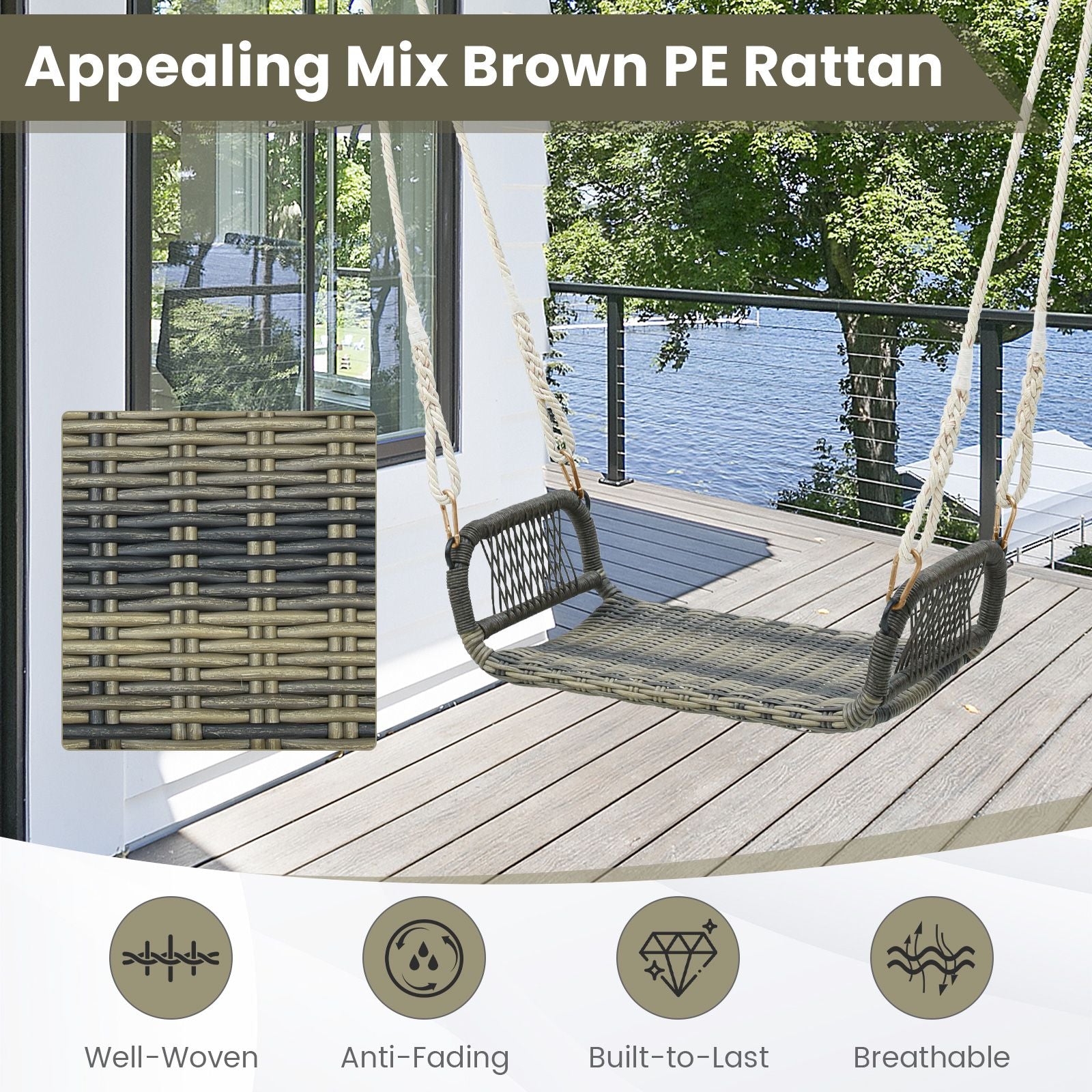 Patio Backless Rattan Swing Bench with Hanging Ropes