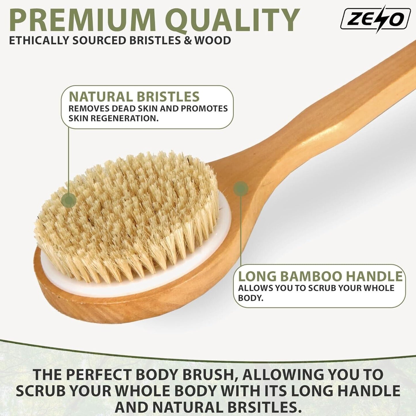 SHOWER BODY BRUSH BACK SCRUBBER with LONG HANDLE NATURAL BRISTLES EXFOLIATING