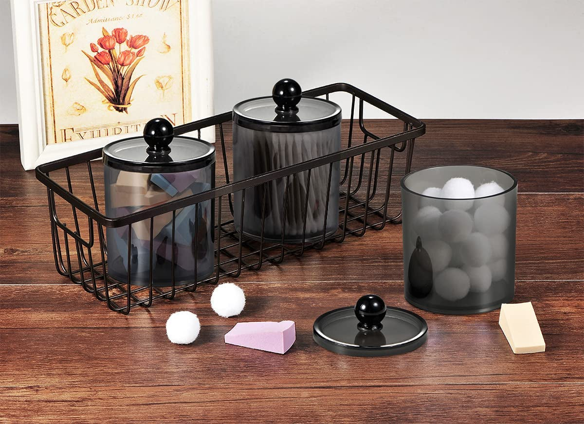 6 Pack Qtip Dispenser Apothecary Jars Bathroom with Labels - Qtip Holder Storage Canister Clear Plastic Acrylic Jar for Cotton Ball,Cotton Swab,Cotton Rounds,Floss Picks, Hair Clips (Black)