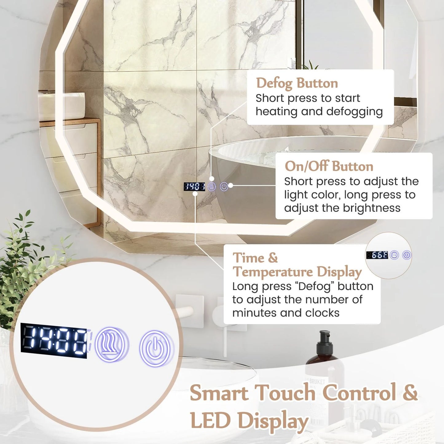 Anti-Fog Mirror LED Bathroom Mirror with 3 Color LED Light