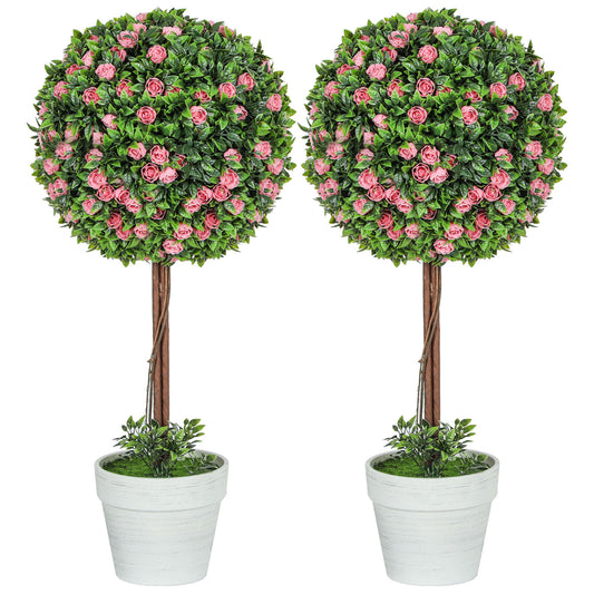HOMCOM Set of 2 Artificial Plants with Rose Flower in Pot, 60Cm, Pink