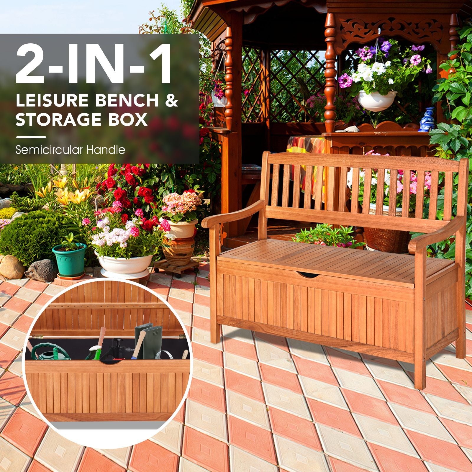 Multifunctional Patio Storage Bench 125L Eucalyptus Storage Seat