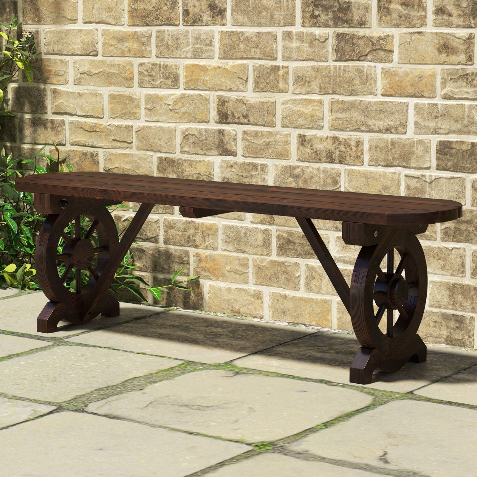2-Seat Patio Wood Bench with Wagon Wheel Base and Slatted Seat