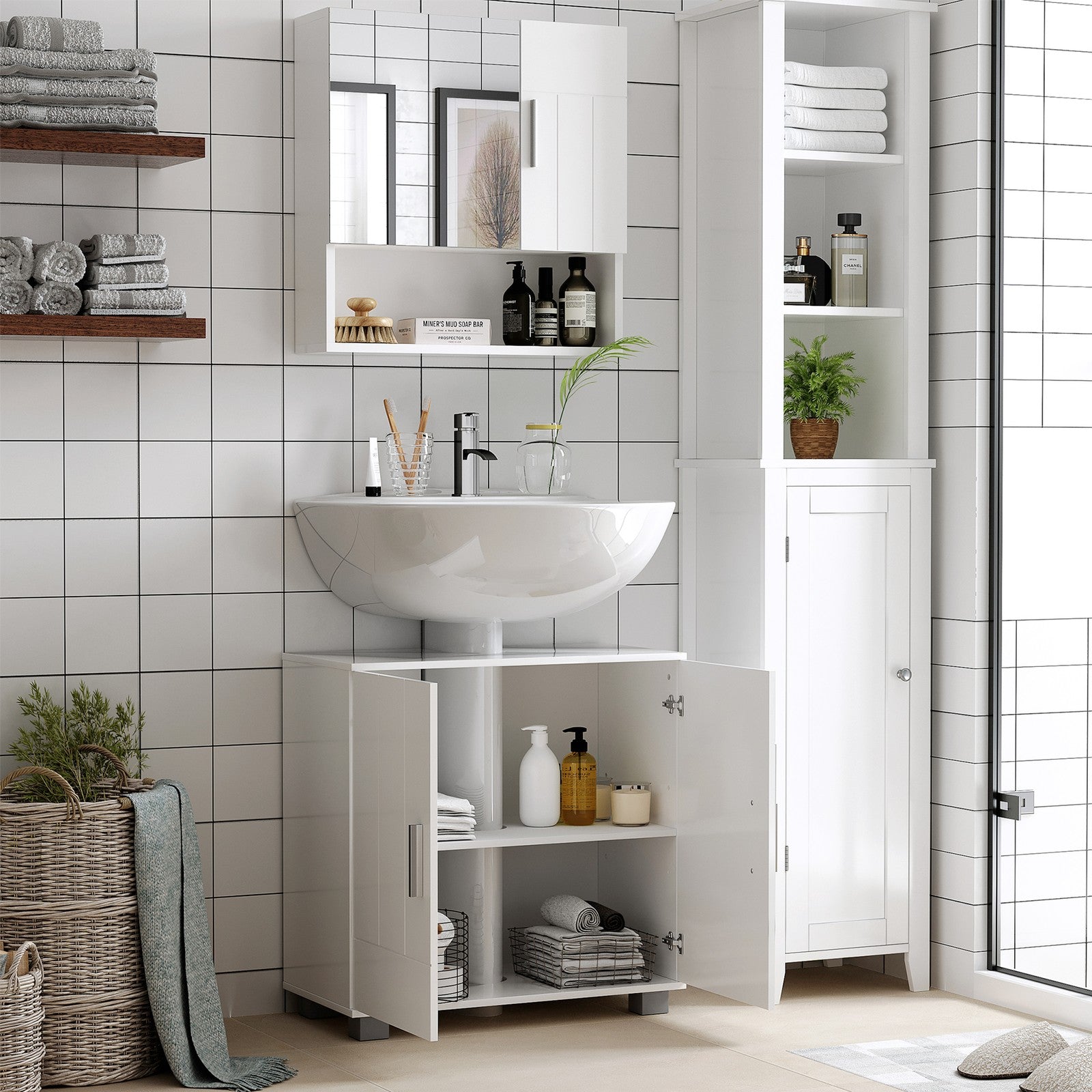 Bathroom Mirror Cabinet Wall Mount Storage Organizer W/ Door, Shelves, White