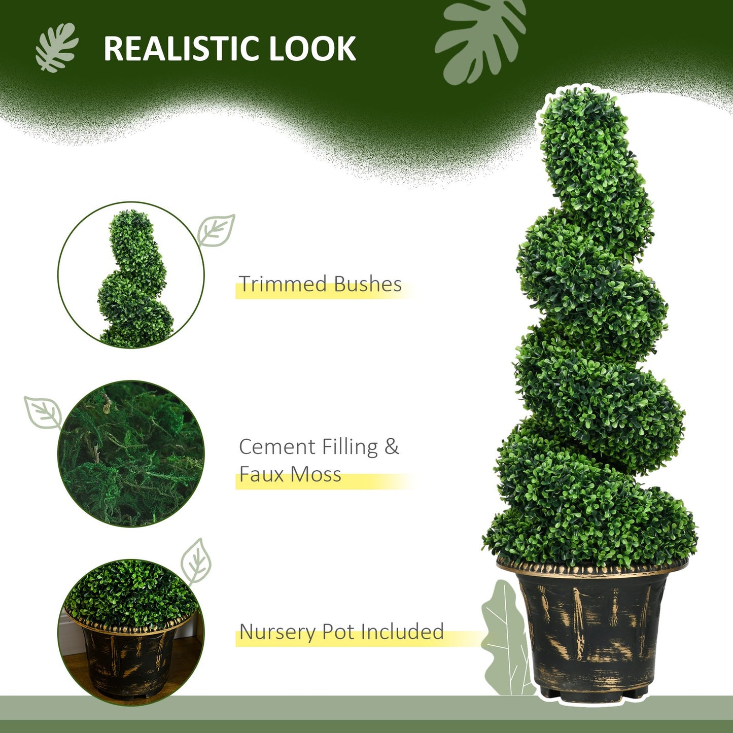 HOMCOM Set of 2 Potted Artificial Plants, Topiary Spiral Boxwood Trees, 90Cm