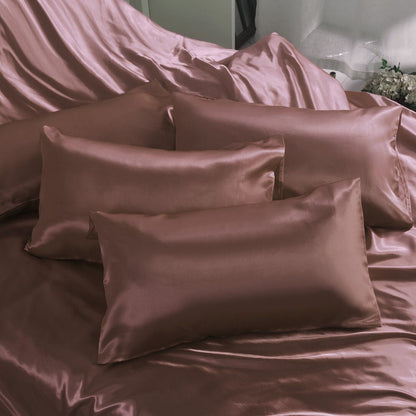 ROOEE 6PCS Satin Silk Complete Bedding Set Fitted Sheet Duvet Cover Pillow Cases