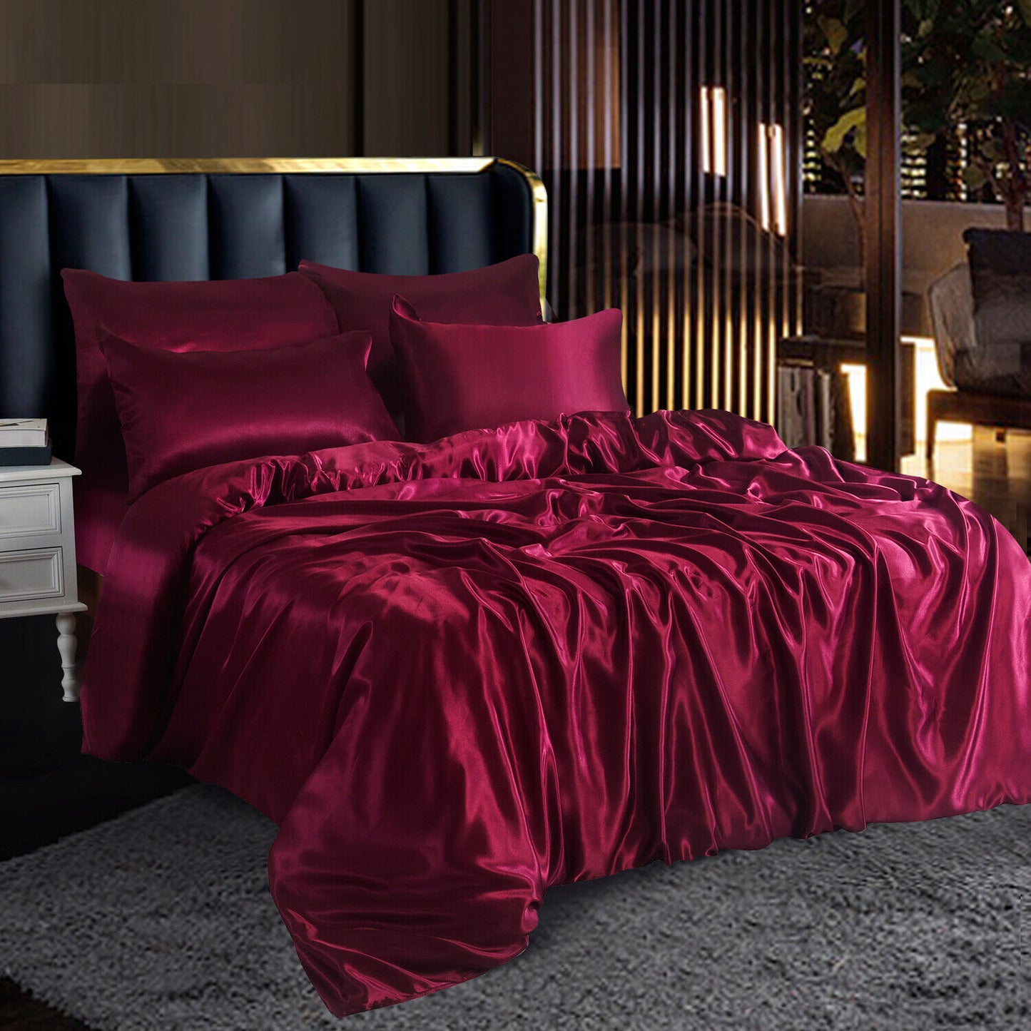 ROOEE 6PCS Satin Silk Complete Bedding Set Fitted Sheet Duvet Cover Pillow Cases