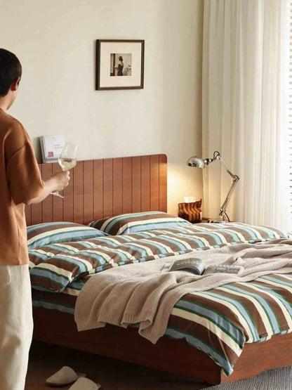 Retro Earthy Tone Stripe Queen Duvet Cover Set with Pillowcases, 100% Cotton