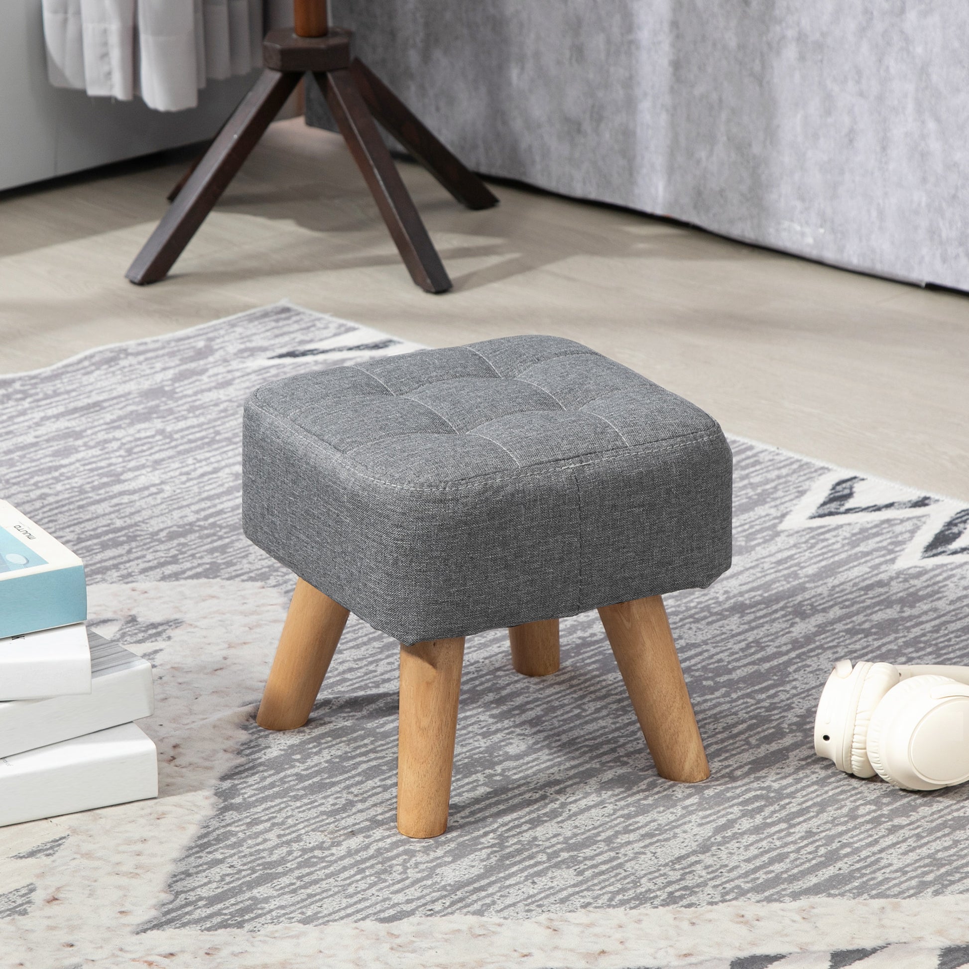 Footstool with Wood Legs, Fabric Foot Stool for Living Room, Bedroom