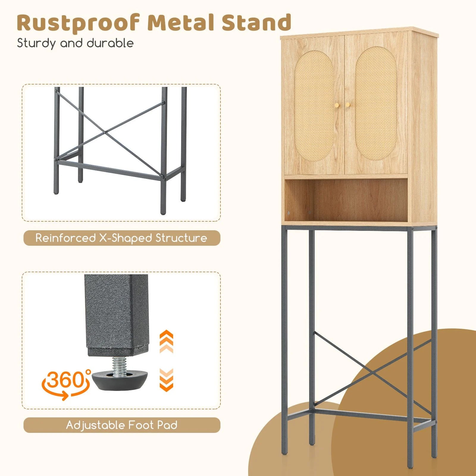 Over the Toilet Freestanding Toilet Storage Cabinet with Rattan Doors