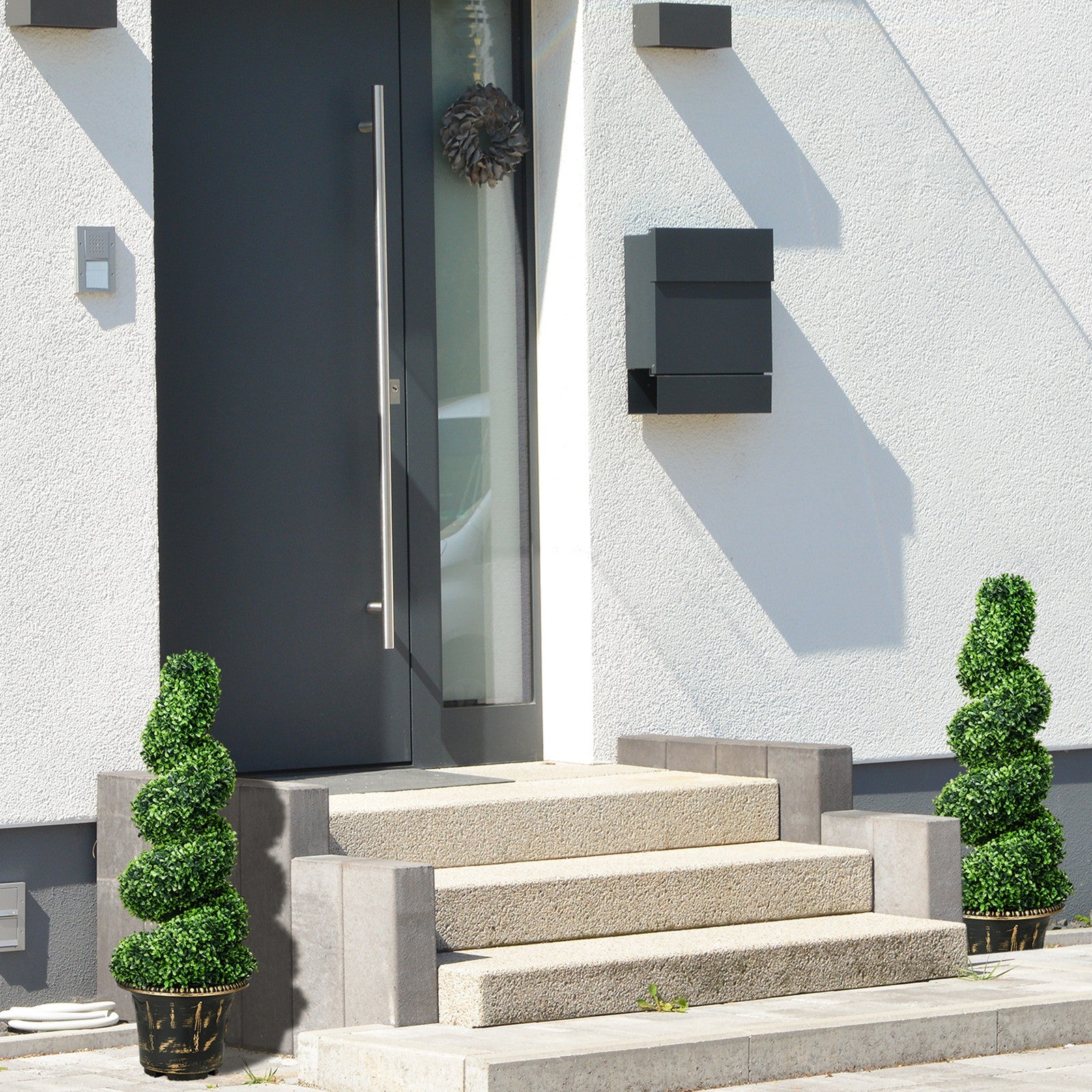 HOMCOM Set of 2 Potted Artificial Plants, Topiary Spiral Boxwood Trees, 90Cm