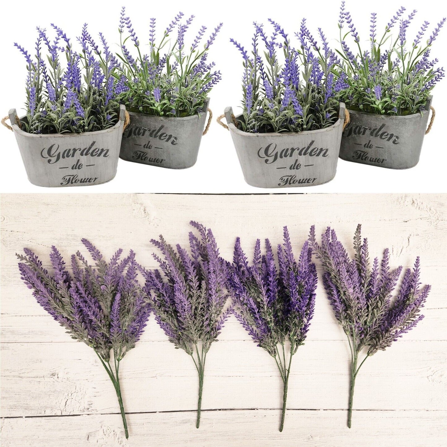 Artificial Lavender Flowers in Bundles Fake Silk Faux Lavender Plant Wooden Pots