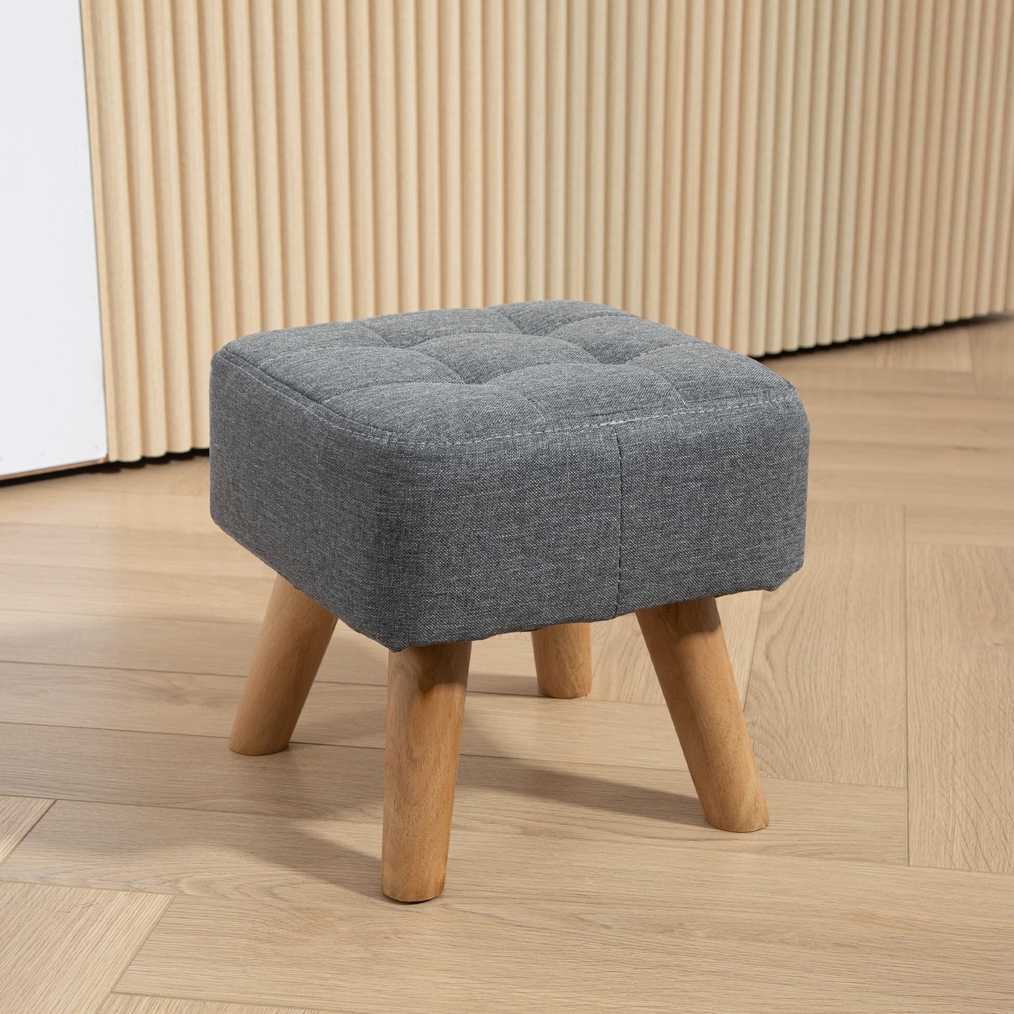 Footstool with Wood Legs, Fabric Foot Stool for Living Room, Bedroom