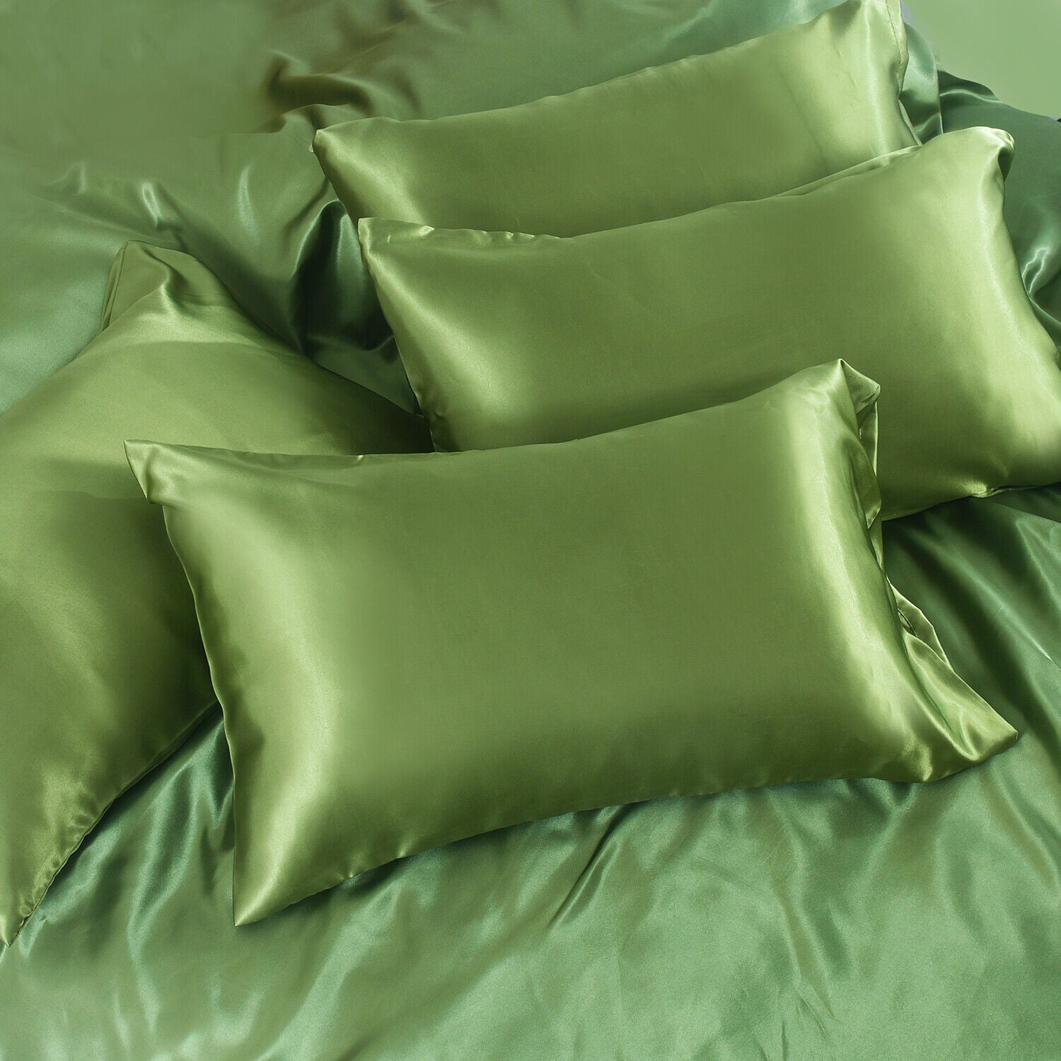 ROOEE 6PCS Satin Silk Complete Bedding Set Fitted Sheet Duvet Cover Pillow Cases