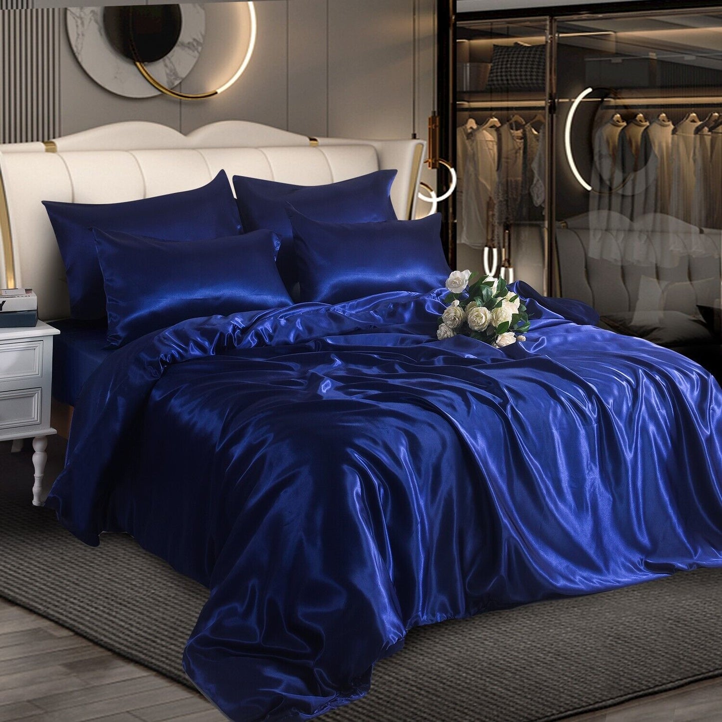 ROOEE 6PCS Satin Silk Complete Bedding Set Fitted Sheet Duvet Cover Pillow Cases
