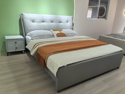 Sky Blue Oak Wood Bed Frame Set with Adjustable Headboard & Rockboard Bedside Table – Model 201