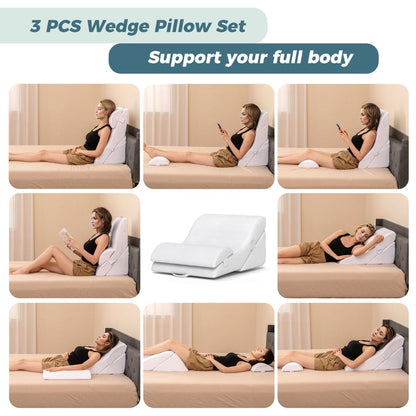 3 PCS Bed Wedge Pillow Set with Machine-Washable Cover for Snoring