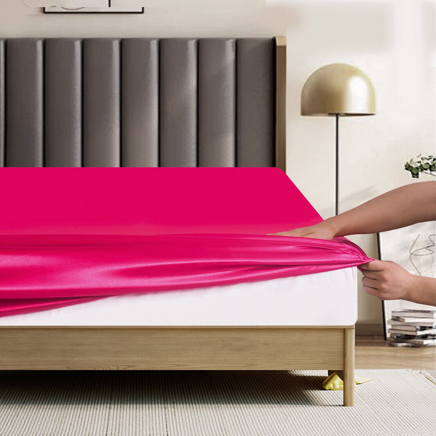 ROOEE 6PCS Satin Silk Complete Bedding Set Fitted Sheet Duvet Cover Pillow Cases