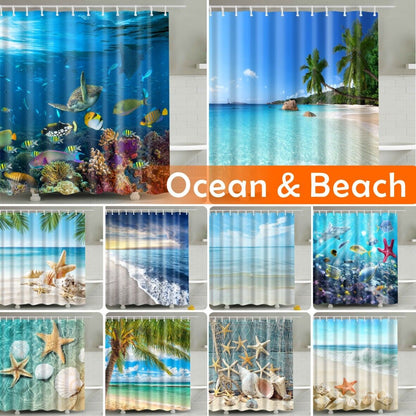 Beach Starfish Ocean Print Shower Curtain Toilet Bathroom Waterproof 12 Hooks