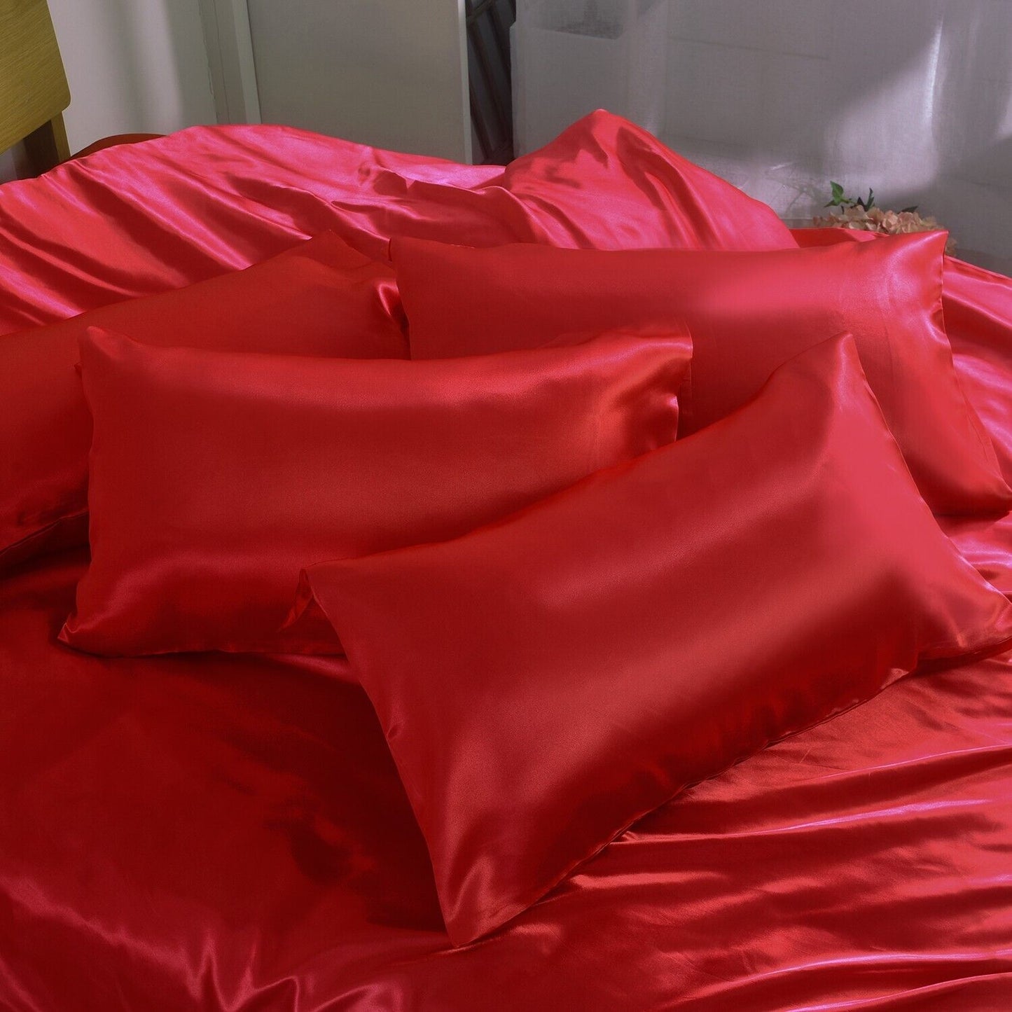 ROOEE 6PCS Satin Silk Complete Bedding Set Fitted Sheet Duvet Cover Pillow Cases