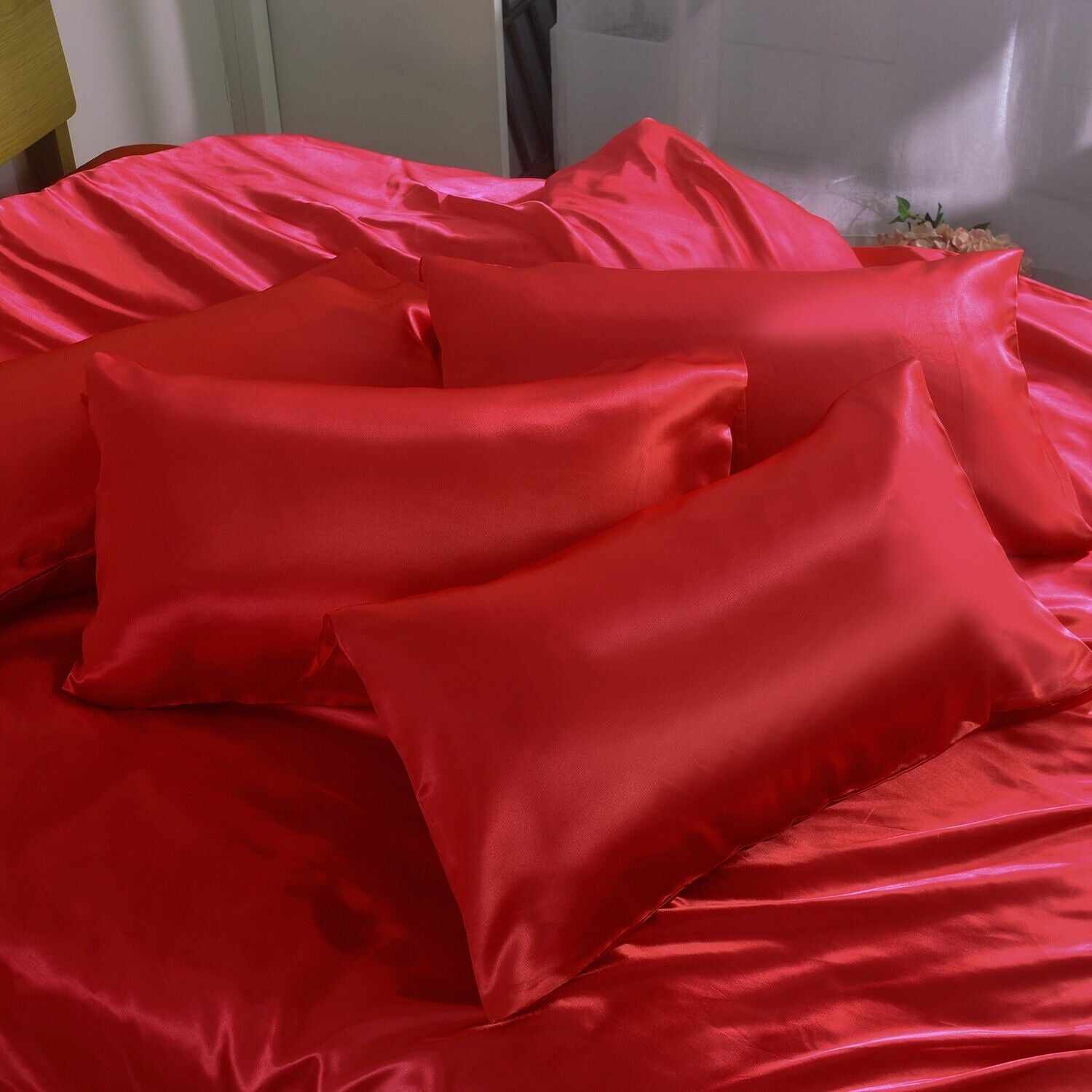 ROOEE 6PCS Satin Silk Complete Bedding Set Fitted Sheet Duvet Cover Pillow Cases