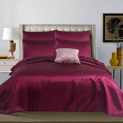 ROOEE 6PCS Satin Silk Complete Bedding Set Fitted Sheet Duvet Cover Pillow Cases