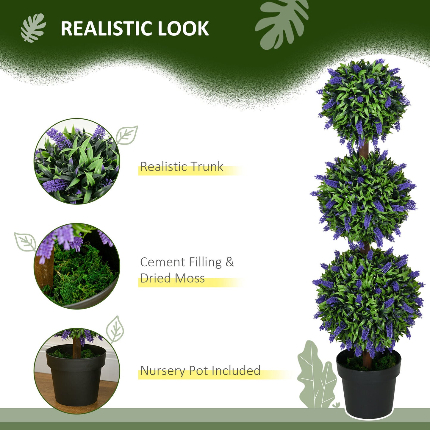 HOMCOM Set of 2 Potted Artificial Plants Ball Tree with Lavender Flowers, 110Cm