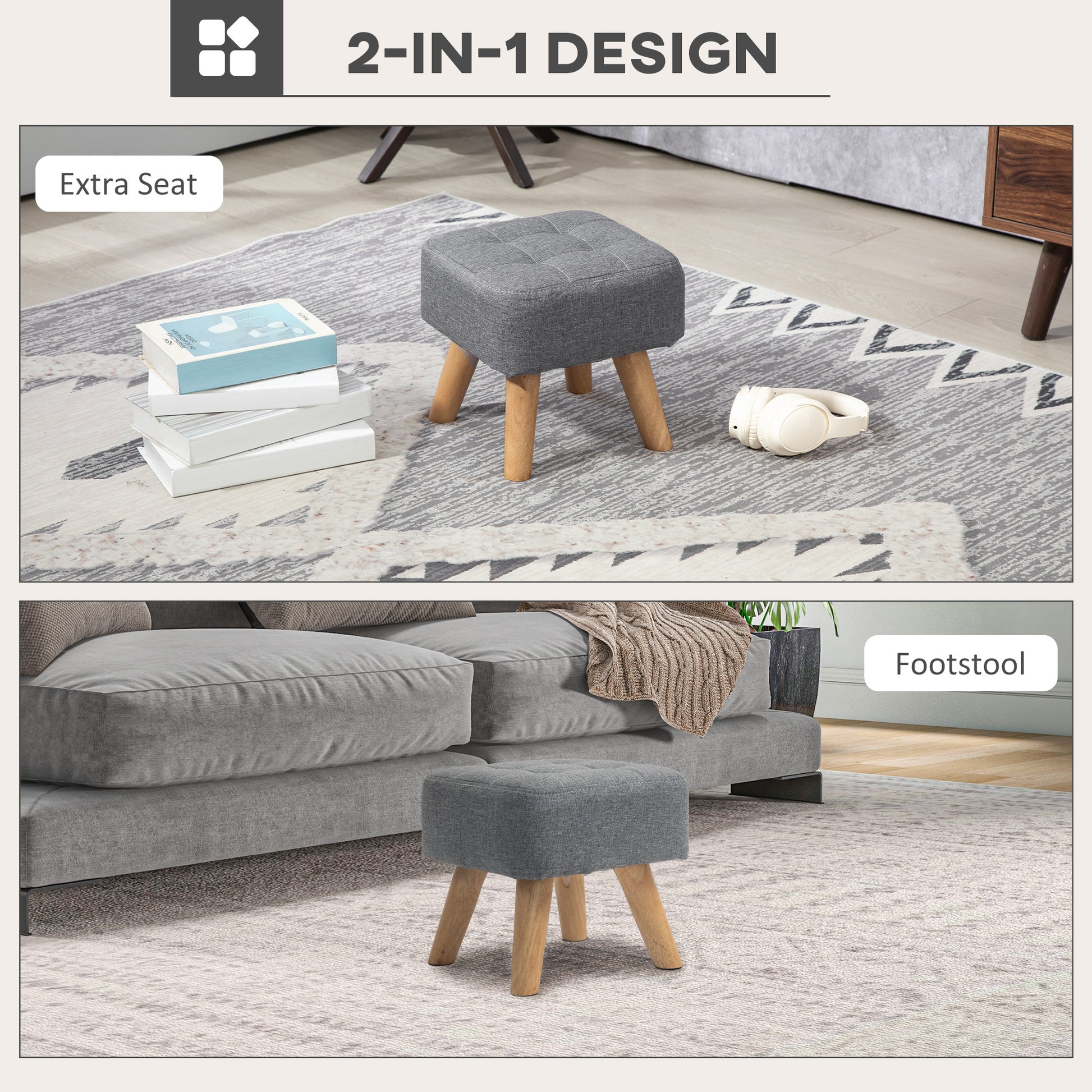 Footstool with Wood Legs, Fabric Foot Stool for Living Room, Bedroom