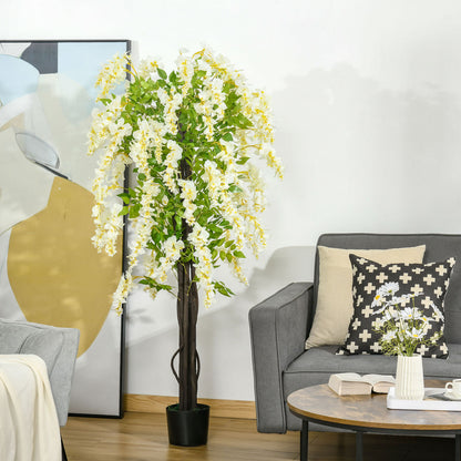 HOMCOM Artificial Realistic White Wisteria Tree Faux Plant for Indoor Décor