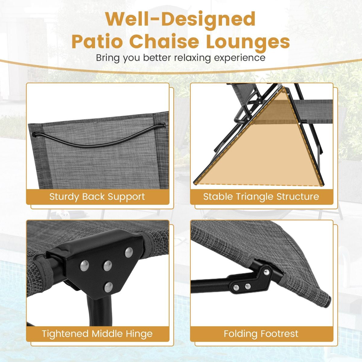 Patio Folding Chaise Lounge Chairs with 6-Level Backrest and Solid Metal Frame