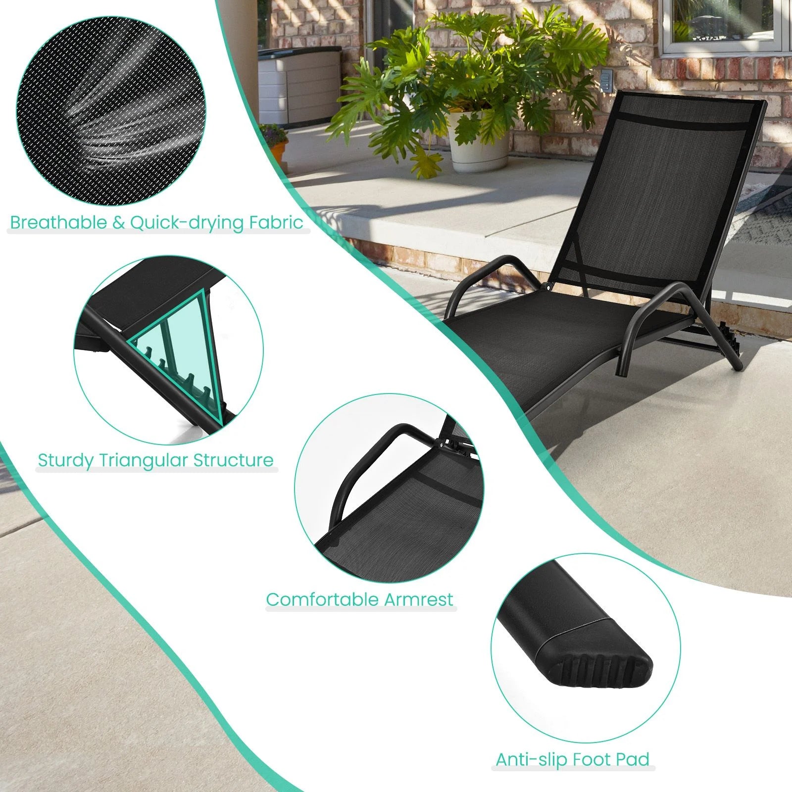 Set of 2 Outdoor Chaise Lounge Chairs with Breathable Seat