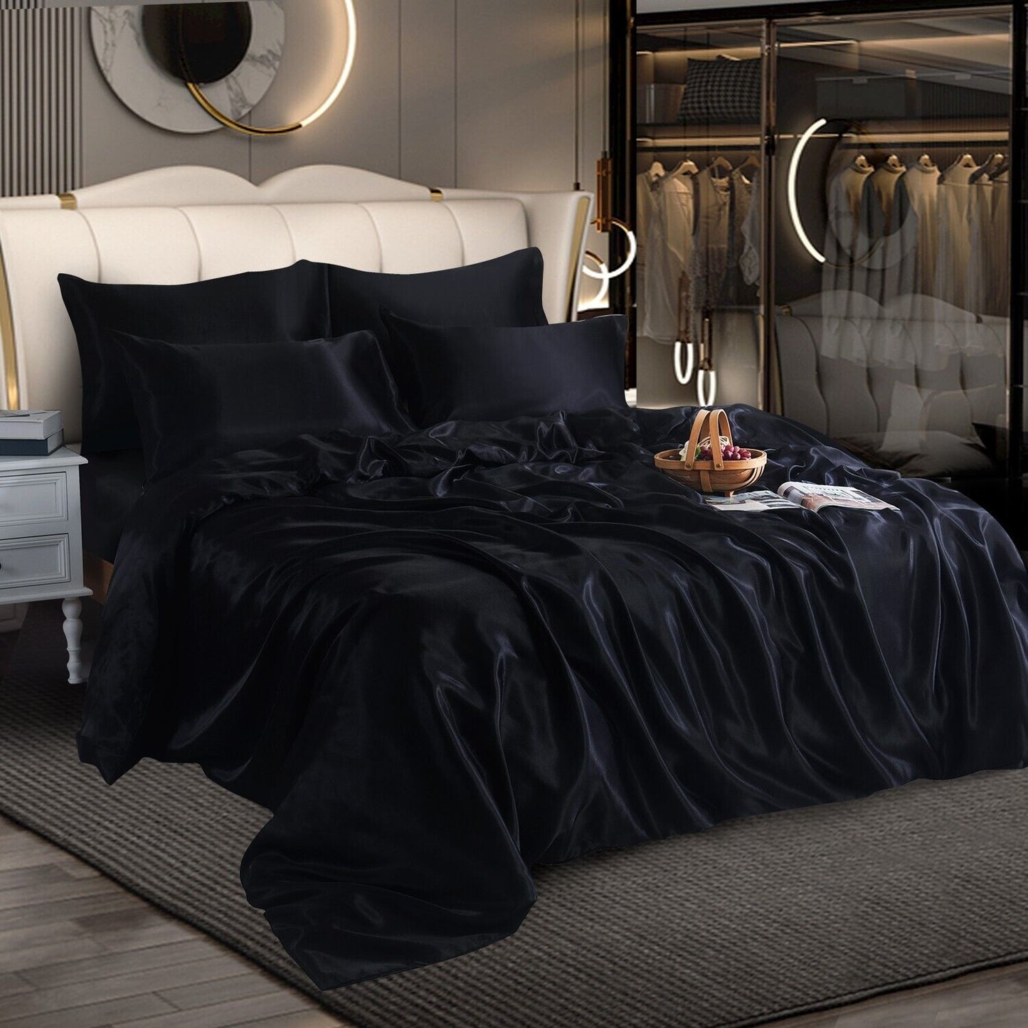 ROOEE 6PCS Satin Silk Complete Bedding Set Fitted Sheet Duvet Cover Pillow Cases