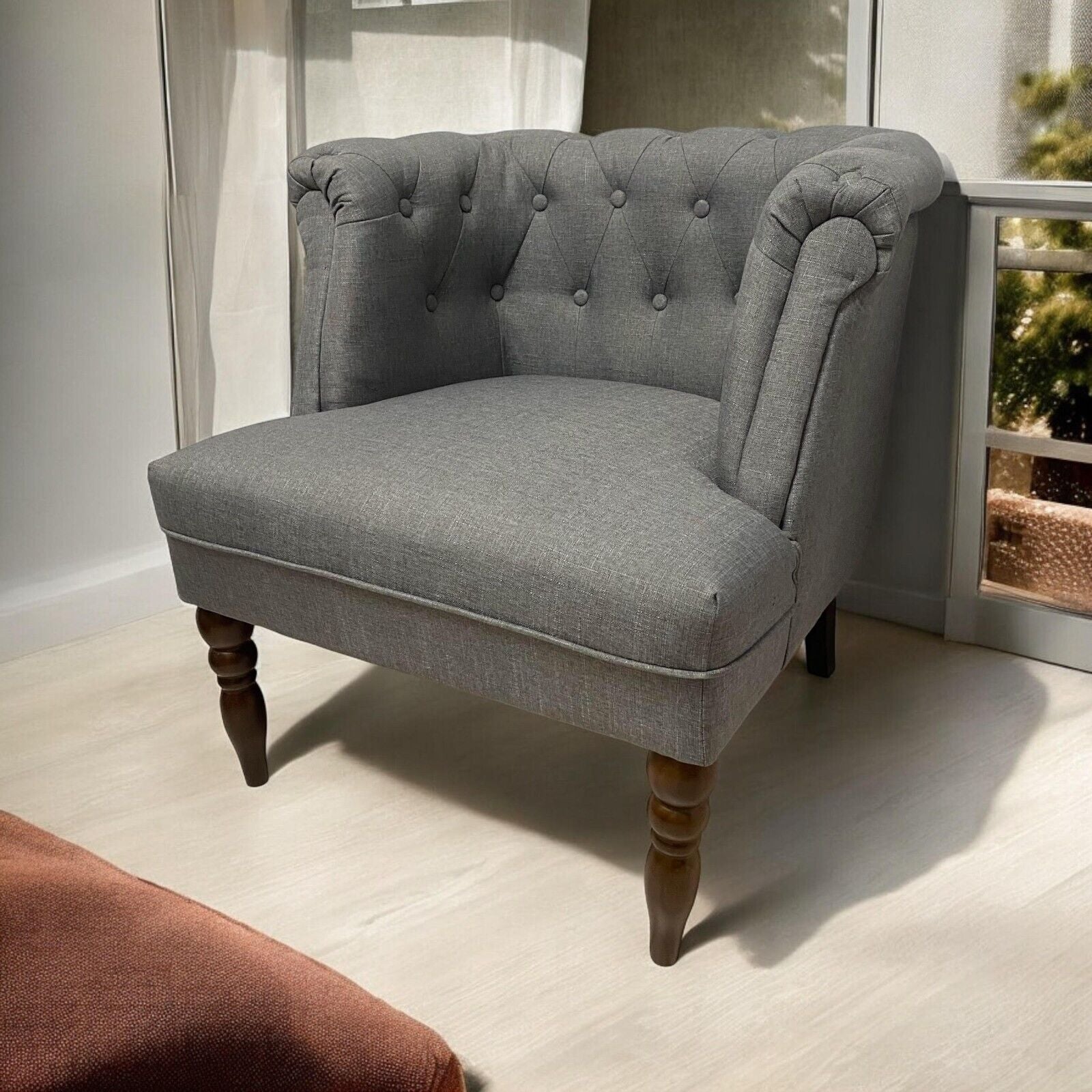 Durable Grey Linen Tub Barrel/Dining Armchair - Stylish Padded Chair for Bedroom