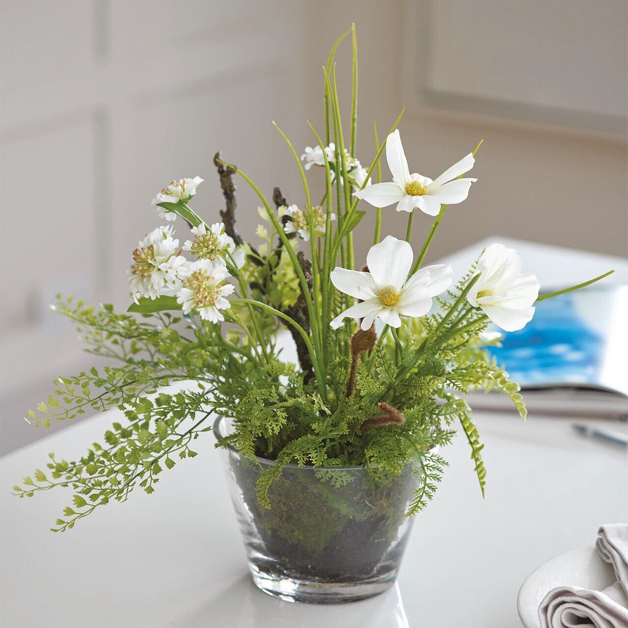 Bloom Artificial Faux White Cosmo Flower & Green Fern Arrangement in Glass Vase