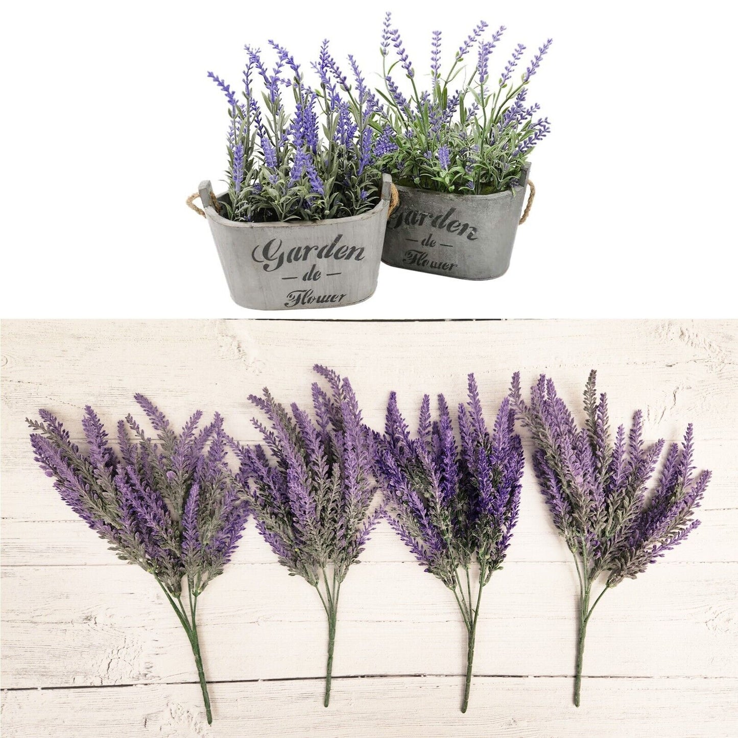 Artificial Lavender Flowers in Bundles Fake Silk Faux Lavender Plant Wooden Pots