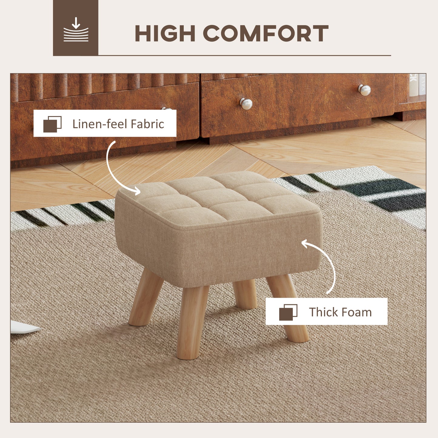 Footstool with Wood Legs, Fabric Foot Stool for Living Room, Bedroom